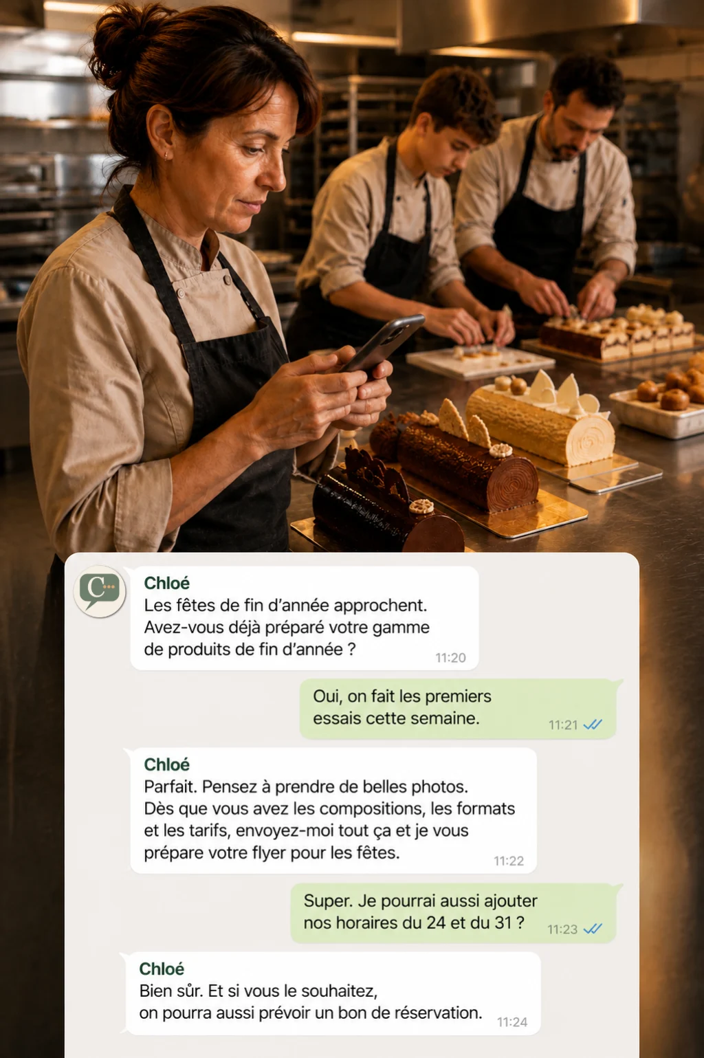 Une pâtissière échange avec Chloé pendant sa production